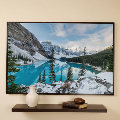 Moraine Lake Canvas Print. Banff Mountain Wall Art in dark walnut floating frame
