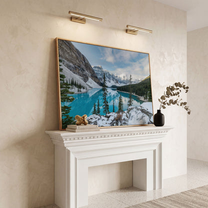 Moraine Lake Canvas Print. Banff Mountain Wall Art in white oak floating frame