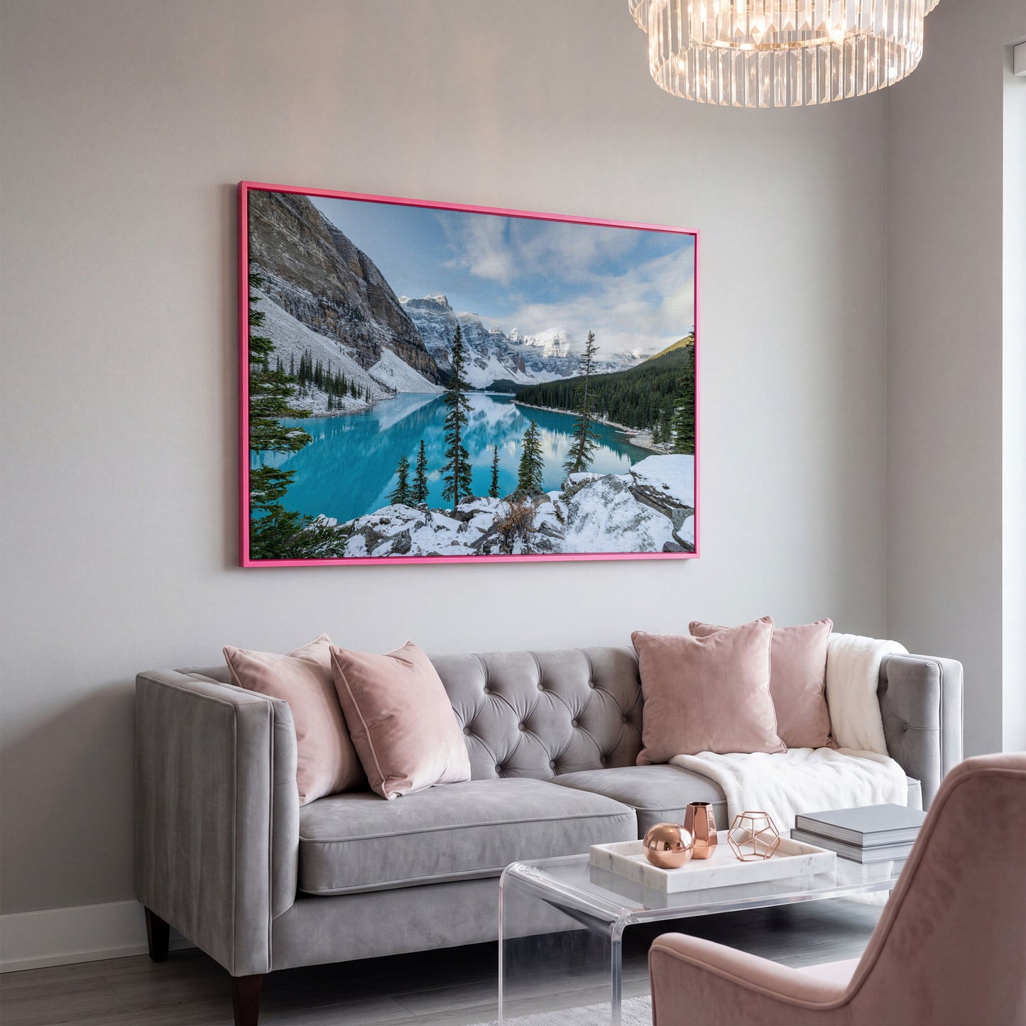 Moraine Lake Canvas Print. Banff Mountain Wall Art in pink floating frame