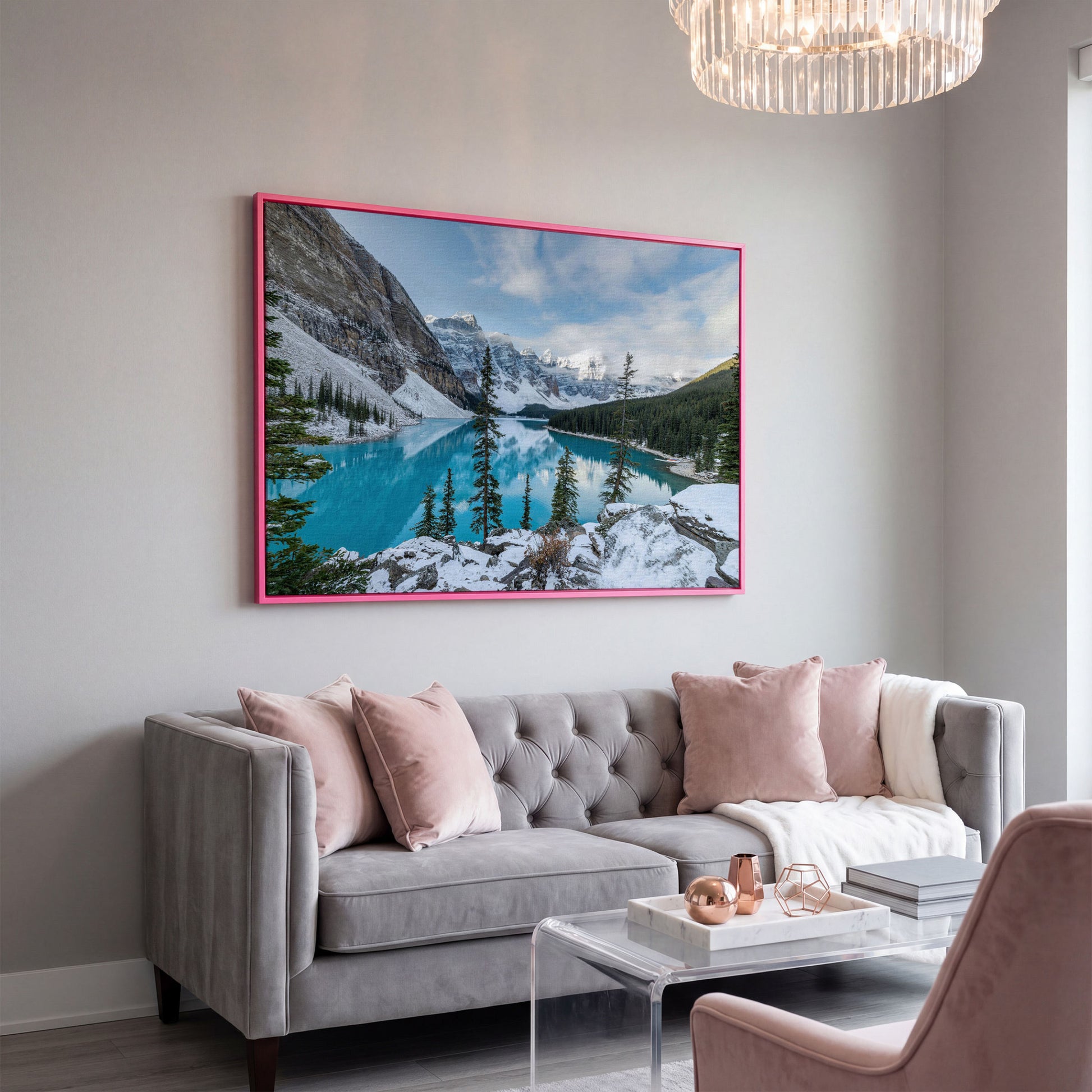Moraine Lake Canvas Print. Banff Mountain Wall Art in pink floating frame