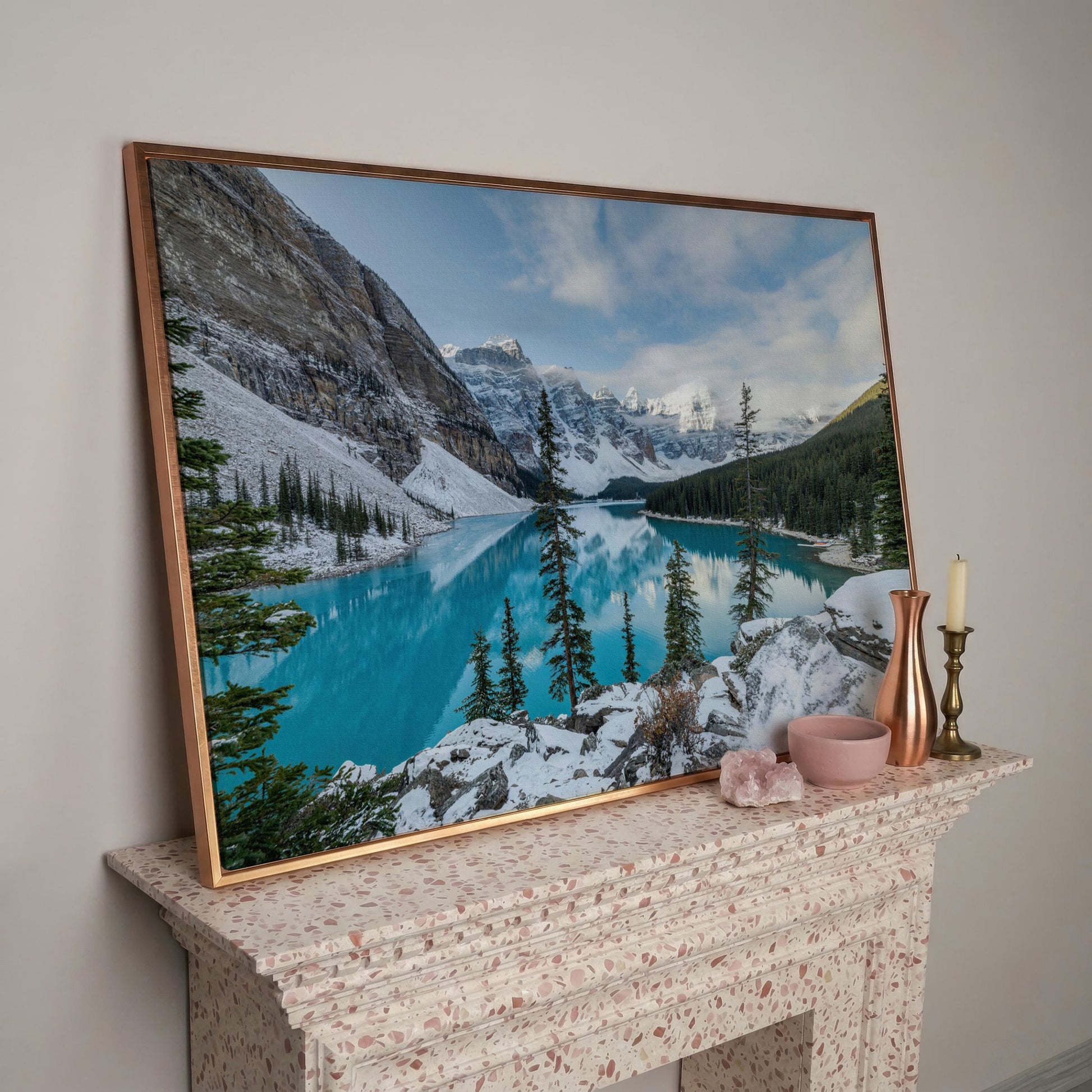 Moraine Lake Canvas Print. Banff Mountain Wall Art in rose gold floating frame