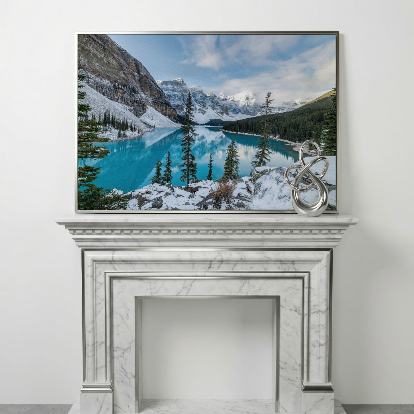 Moraine Lake Canvas Print. Banff Mountain Wall Art in silver floating frame