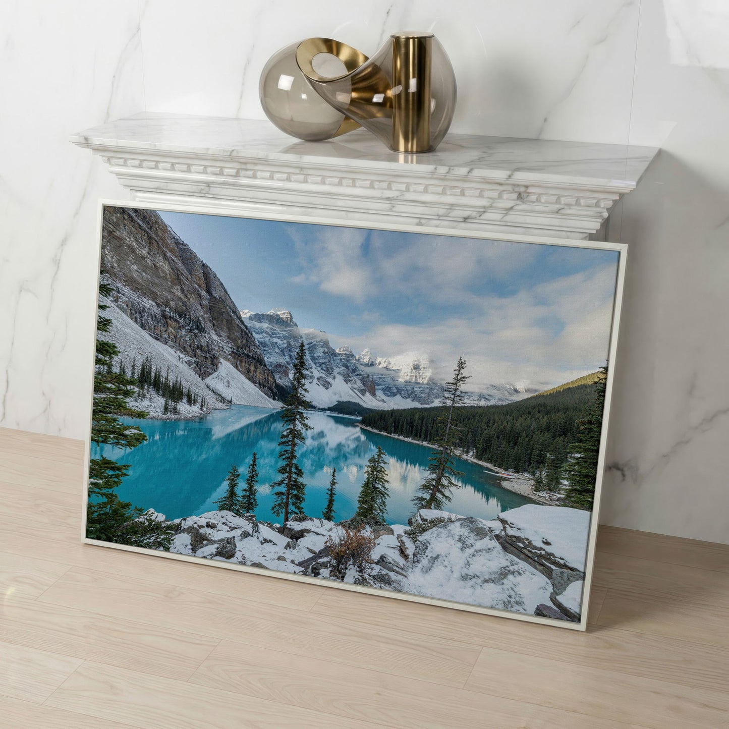 Moraine Lake Canvas Print. Banff Mountain Wall Art in white floating frame