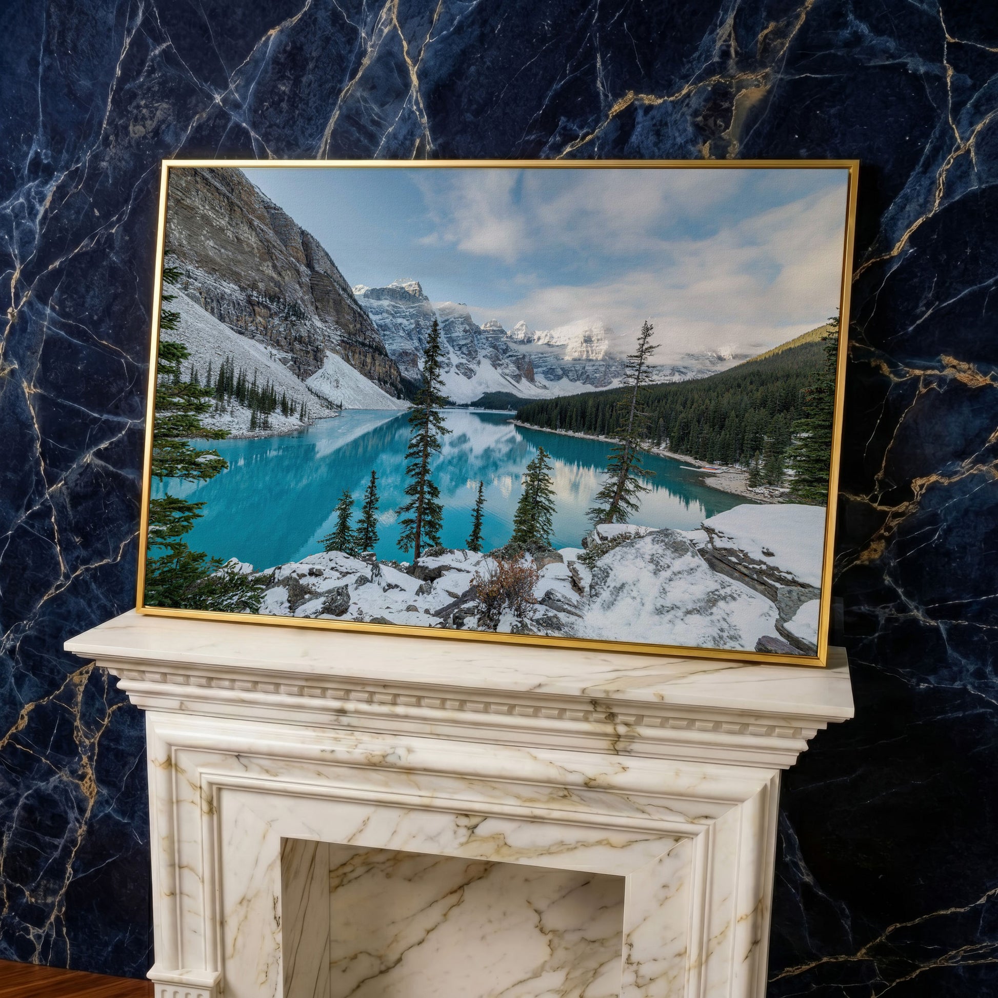 Moraine Lake Canvas Print. Banff Mountain Wall Art in yellow gold floating frame