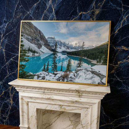 Moraine Lake Canvas Print. Banff Mountain Wall Art in yellow gold floating frame