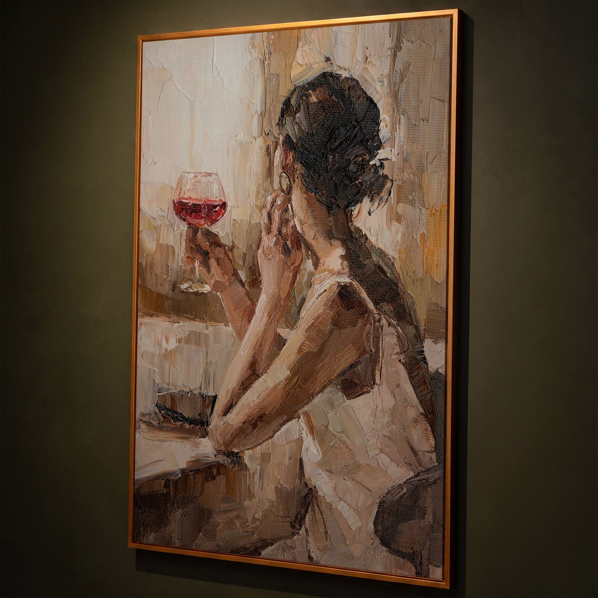 Woman with Wine Glass Impressionist Canvas Print shown in antique gold floating frame