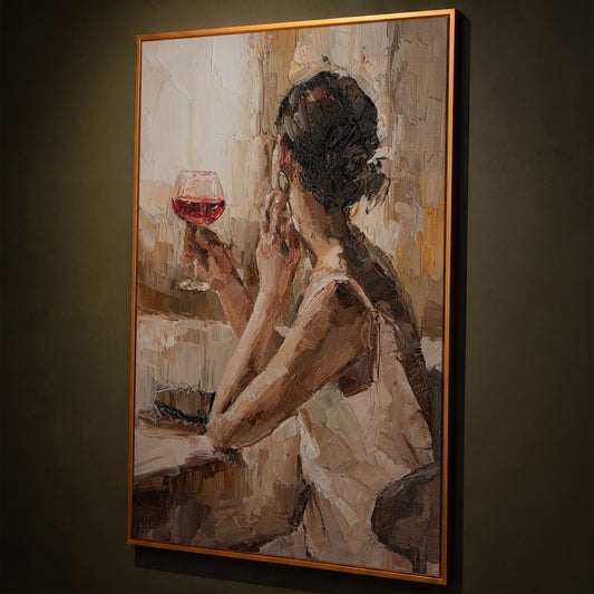 Woman with Wine Glass Impressionist Canvas Print shown in antique gold floating frame