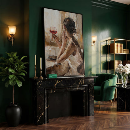 Woman with Wine Glass Impressionist Canvas Print in black floating frame