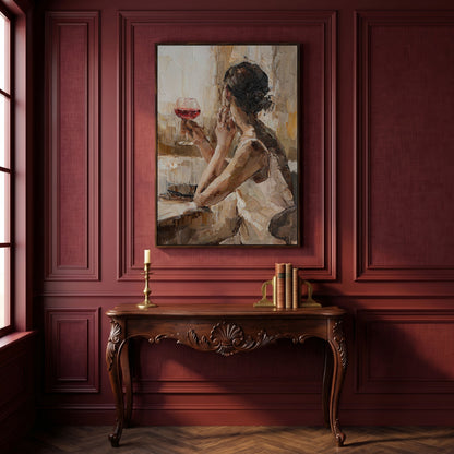 Woman with Wine Glass Impressionist Canvas Print in dark walnut floating frame