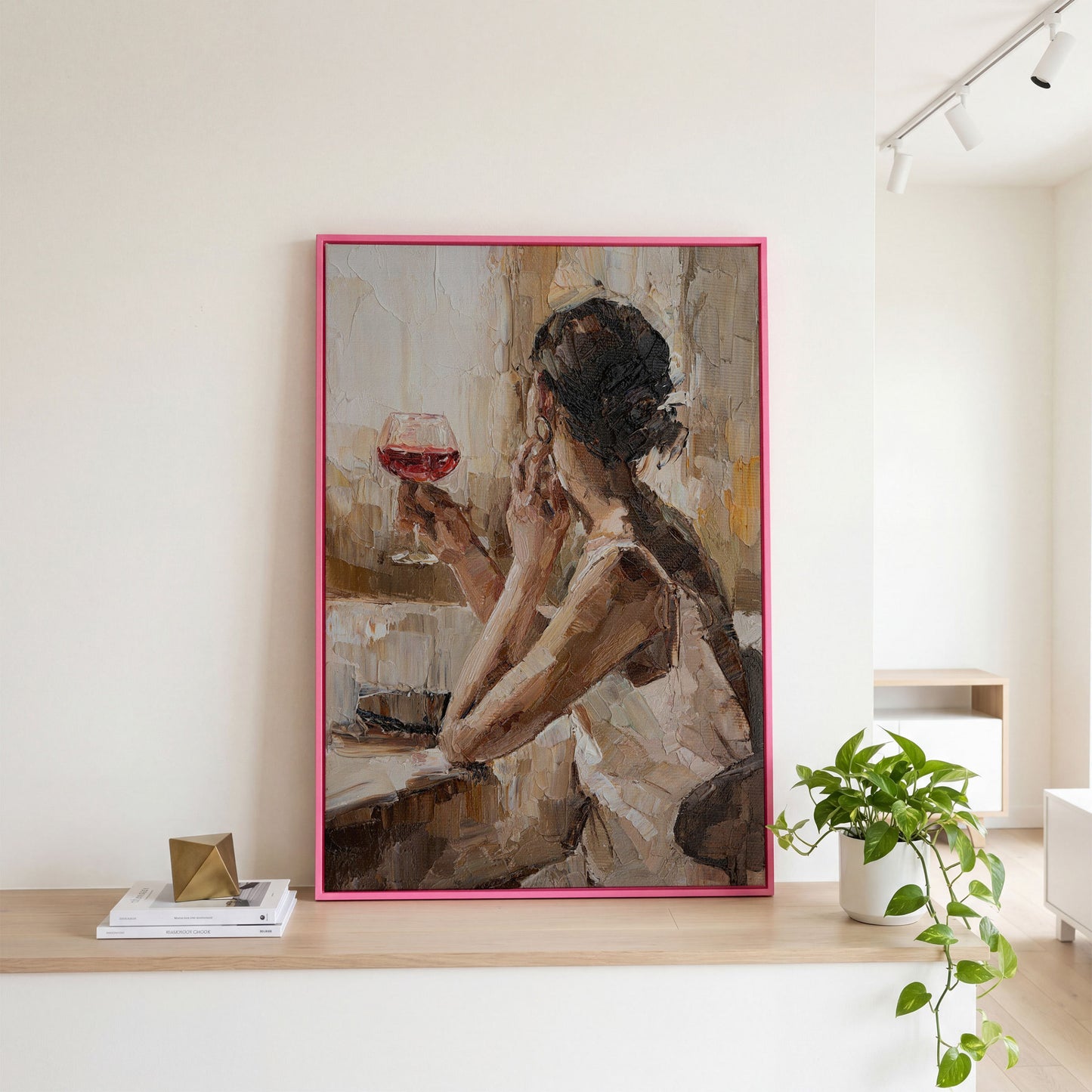 Woman with Wine Glass Impressionist Canvas Print in pink floating frame