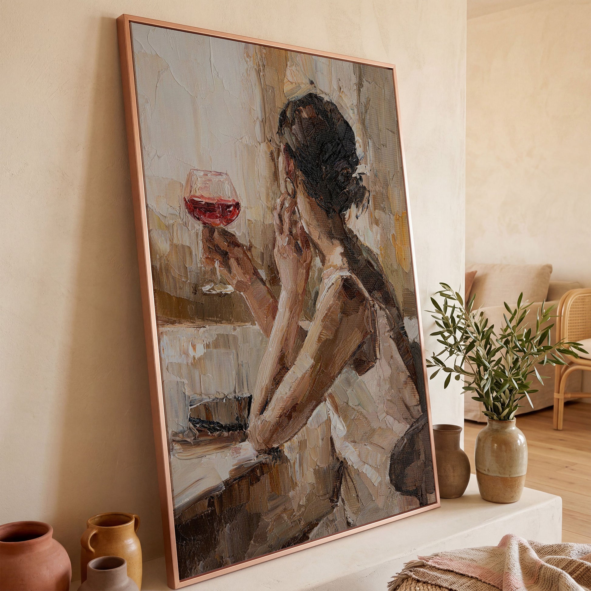 Woman with Wine Glass Impressionist Canvas Print in rose gold floating frame