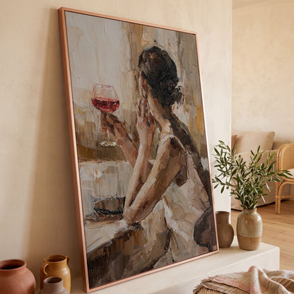 Woman with Wine Glass Impressionist Canvas Print in rose gold floating frame