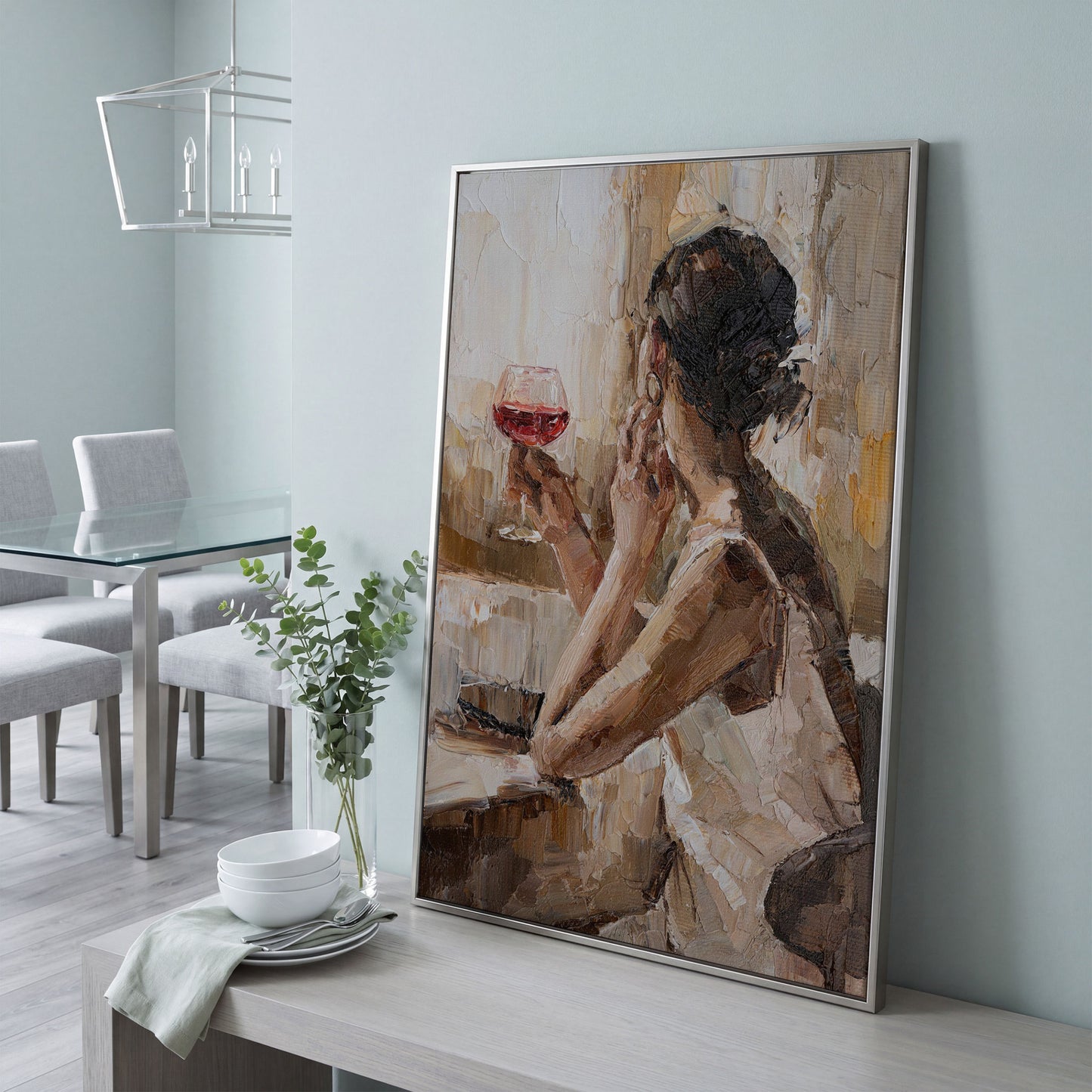 Woman with Wine Glass Impressionist Canvas Print in silver floating frame
