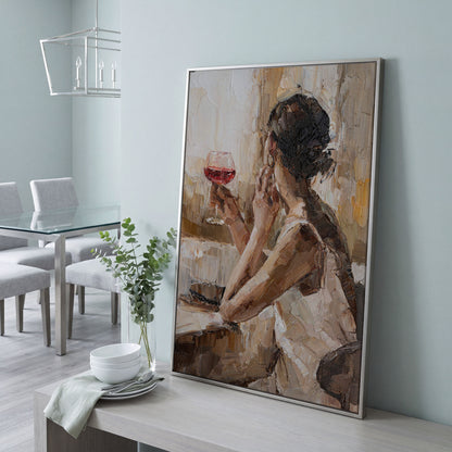 Woman with Wine Glass Impressionist Canvas Print in silver floating frame