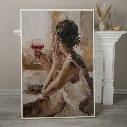 Woman with Wine Glass Impressionist Canvas Print in white floating frame