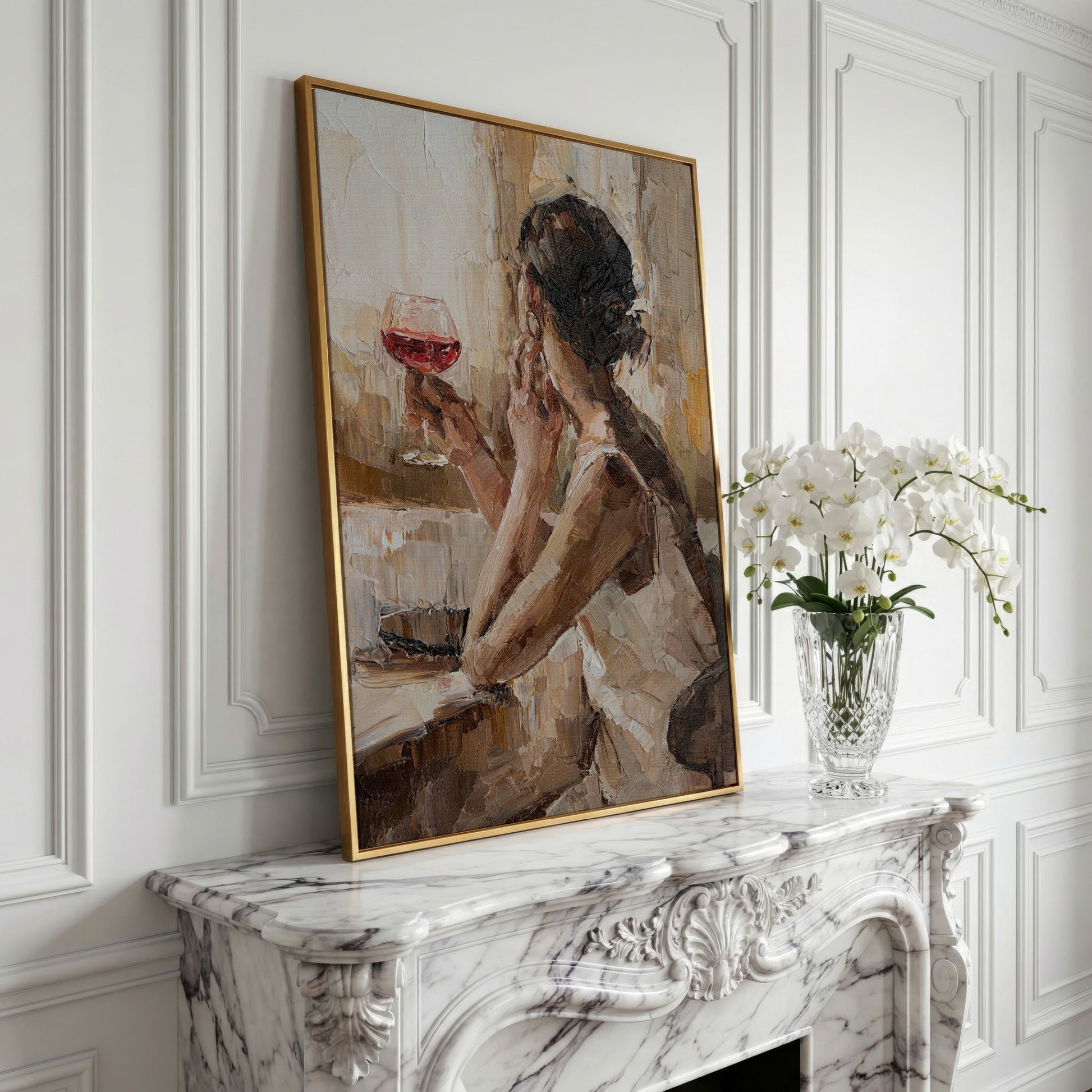 Woman with Wine Glass Impressionist Canvas Print in yellow gold floating frame