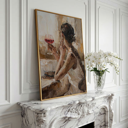 Woman with Wine Glass Impressionist Canvas Print in yellow gold floating frame