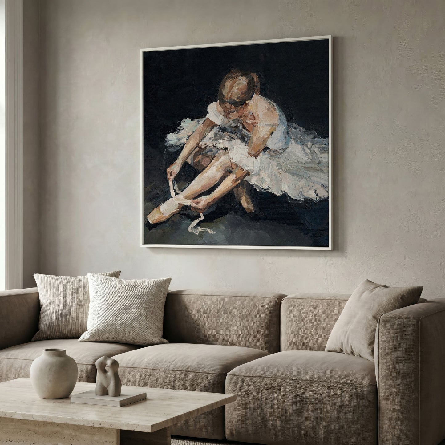 Impressionist Ballet Dancer Canvas in white floating frame