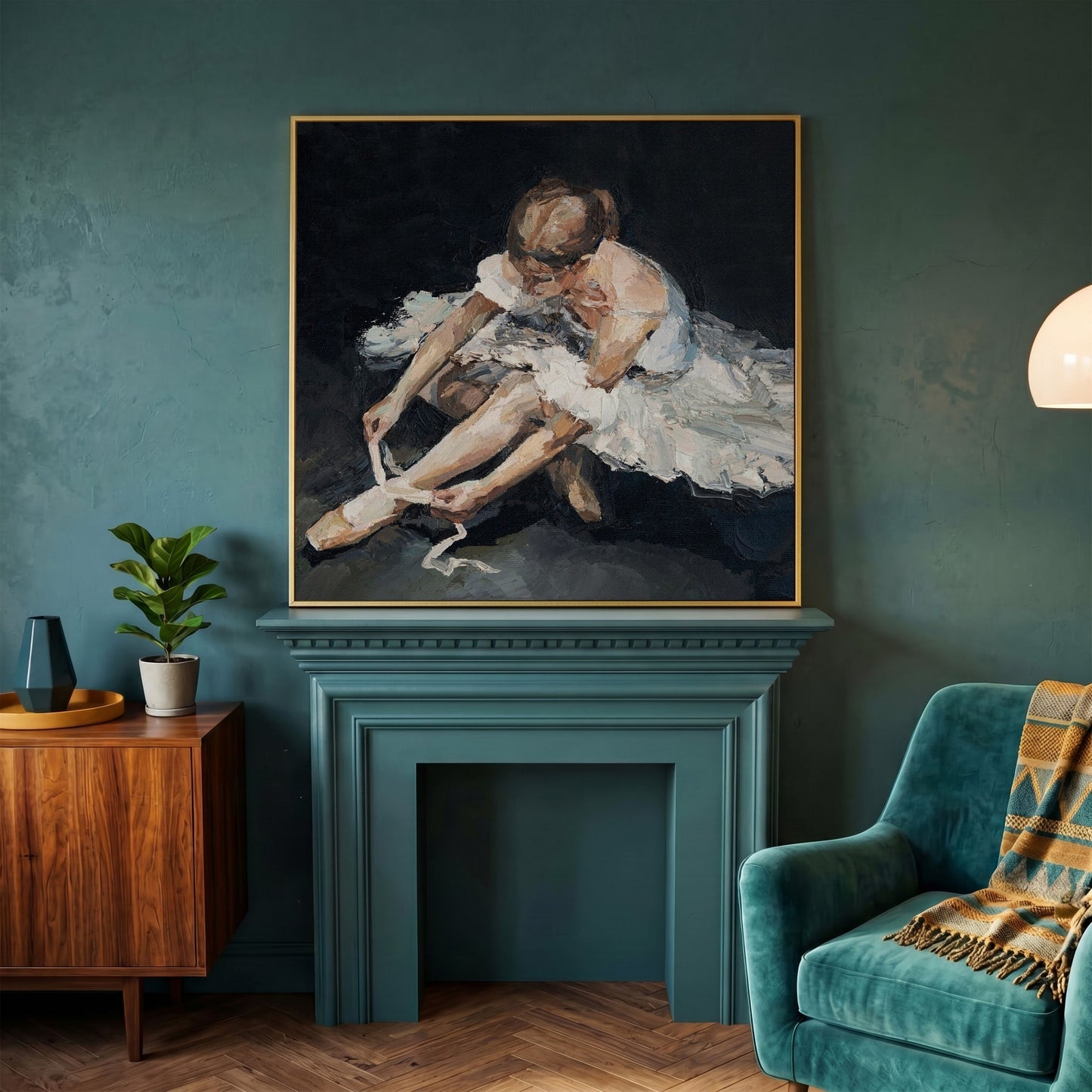 Impressionist Ballet Dancer Canvas in yellow gold floating frame