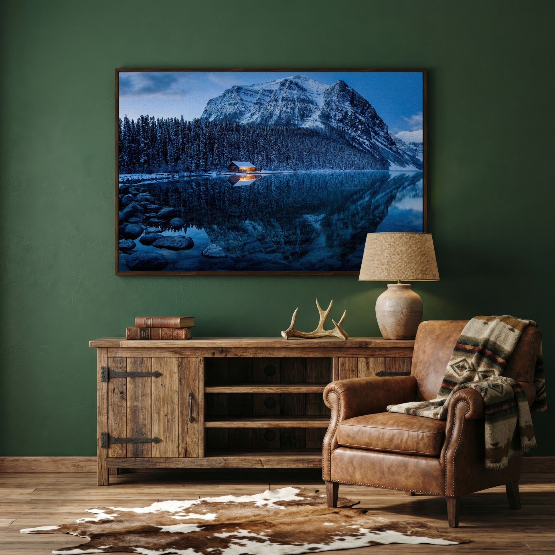 Lake Louise Winter Canvas with Lit Cabin and Mountain Reflection in dark walnut floating frame