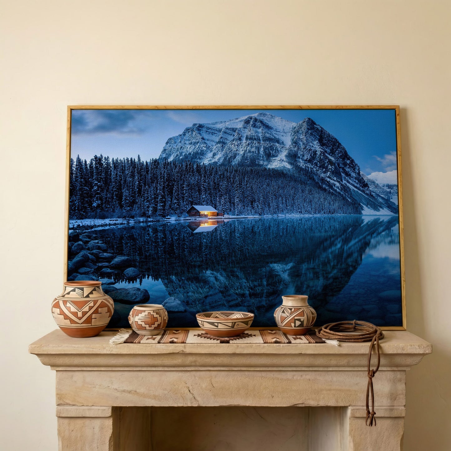 Lake Louise Winter Canvas with Lit Cabin and Mountain Reflection in white oak floating frame