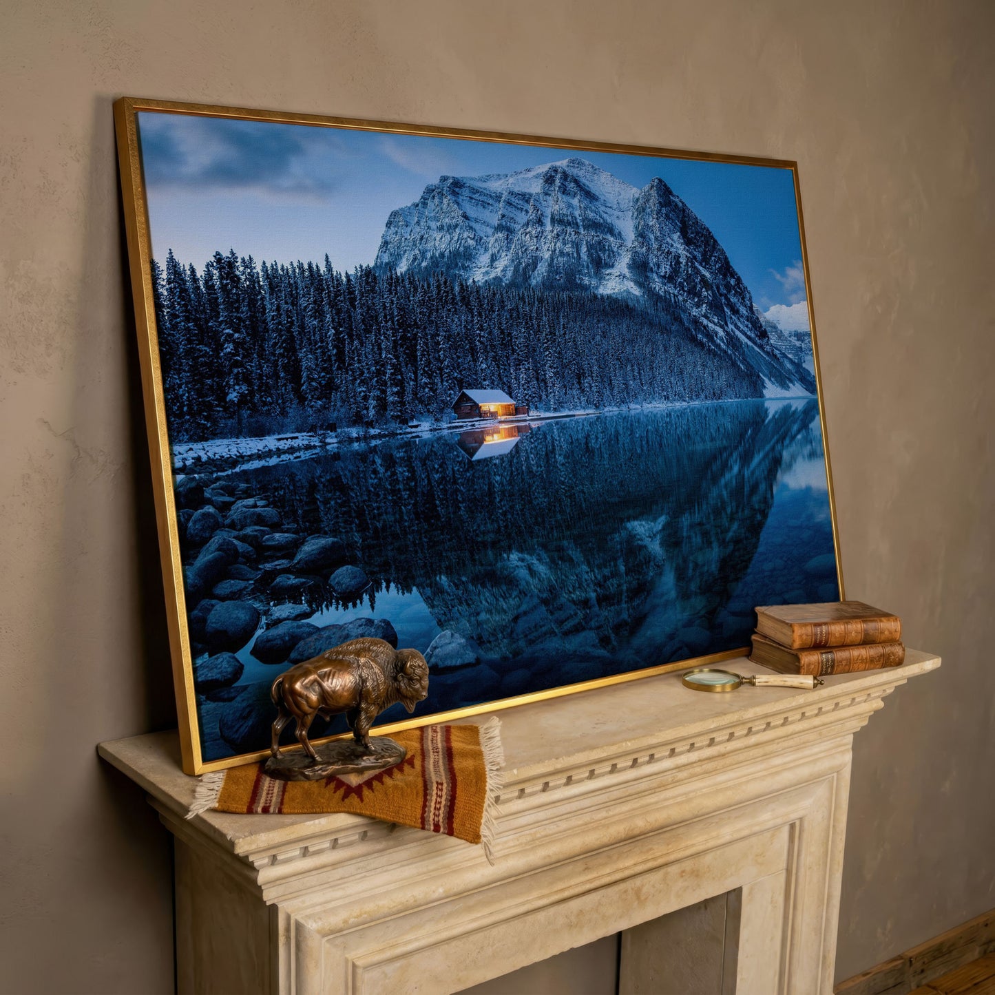 Lake Louise Winter Canvas with Lit Cabin and Mountain Reflection in rose gold floating frame