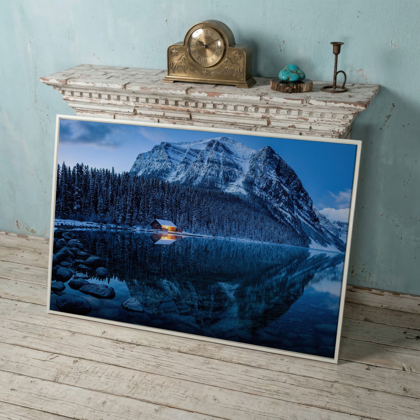 Lake Louise Winter Canvas with Lit Cabin and Mountain Reflection in white floating frame