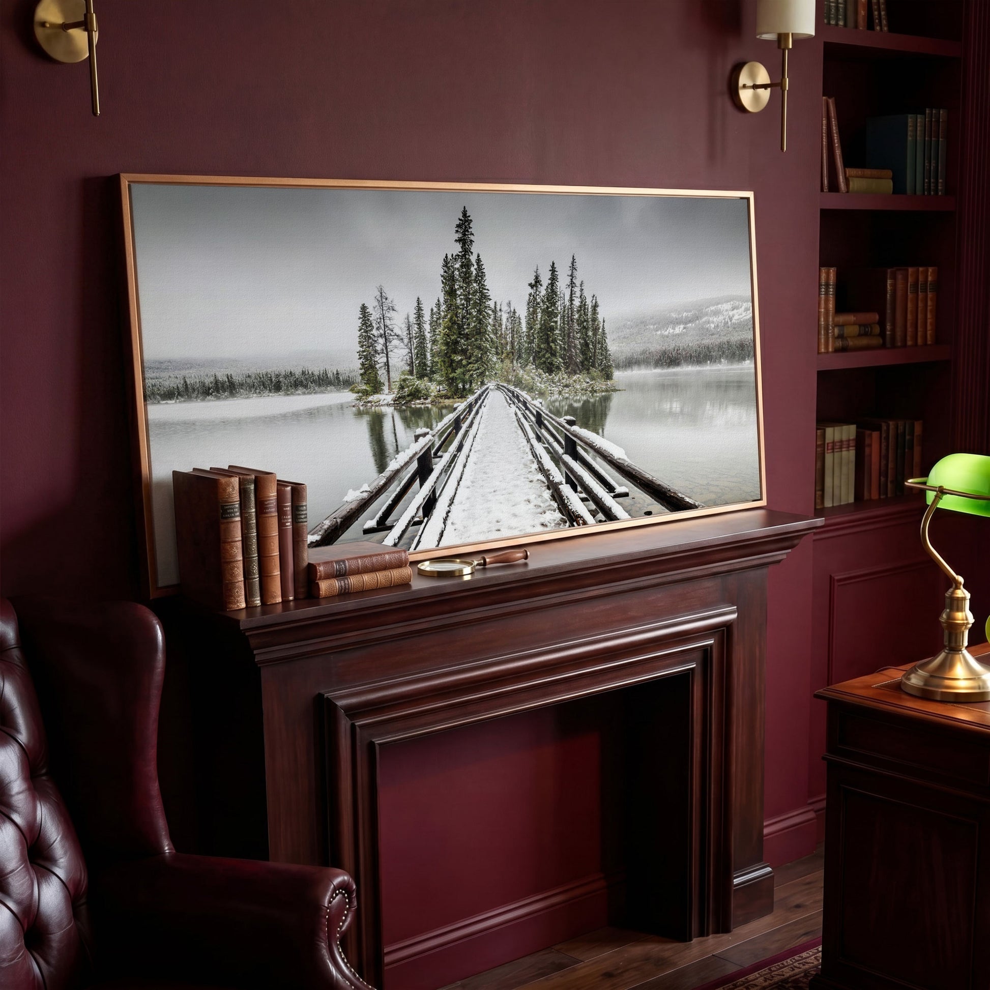 Pyramid Island, Jasper National Park Canvas in antique gold floating frame