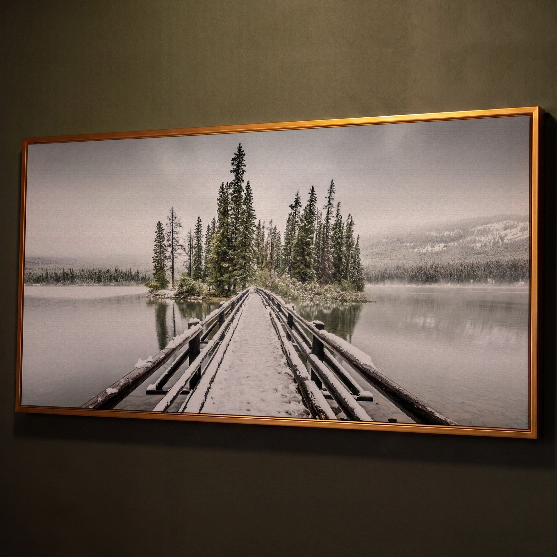 Pyramid Island, Jasper National Park Canvas shown in antique gold floating frame