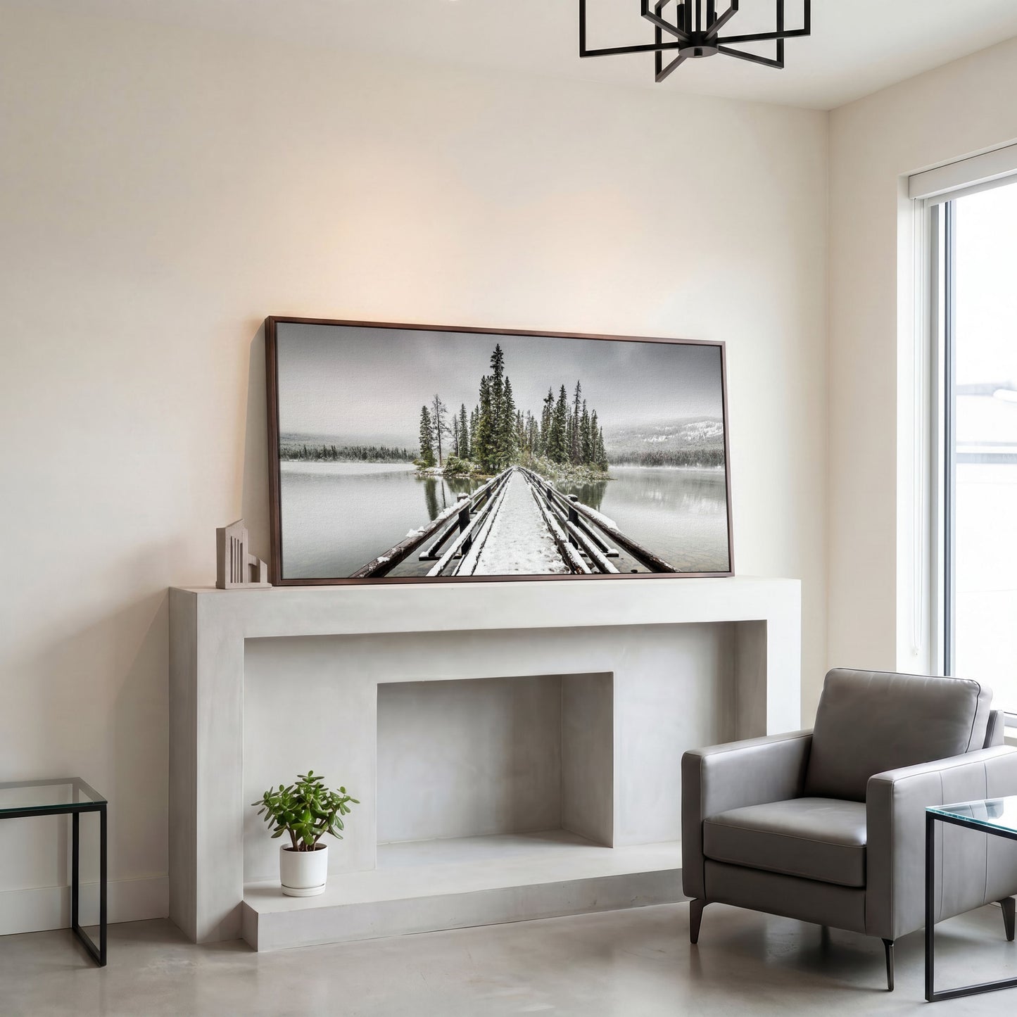 Pyramid Island, Jasper National Park Canvas in dark walnut floating frame