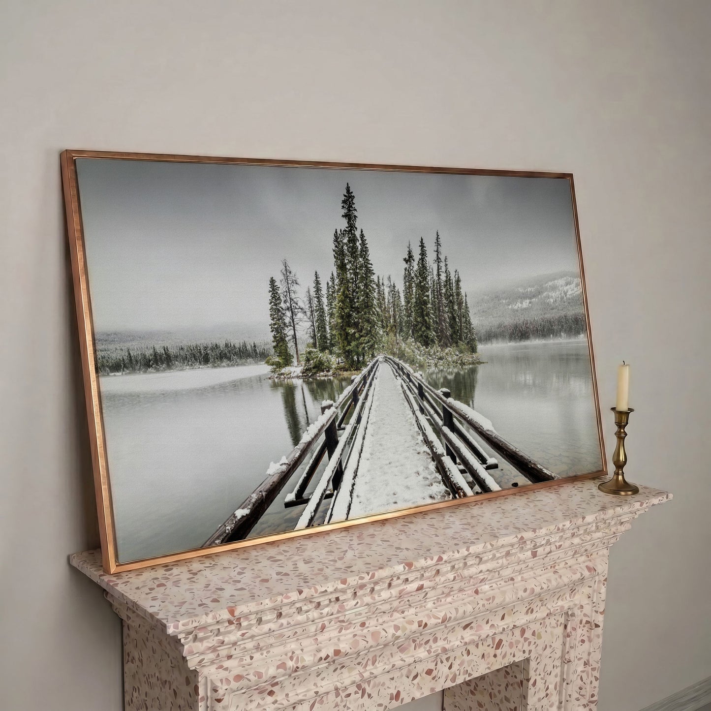 Pyramid Island, Jasper National Park Canvas in rose gold floating frame