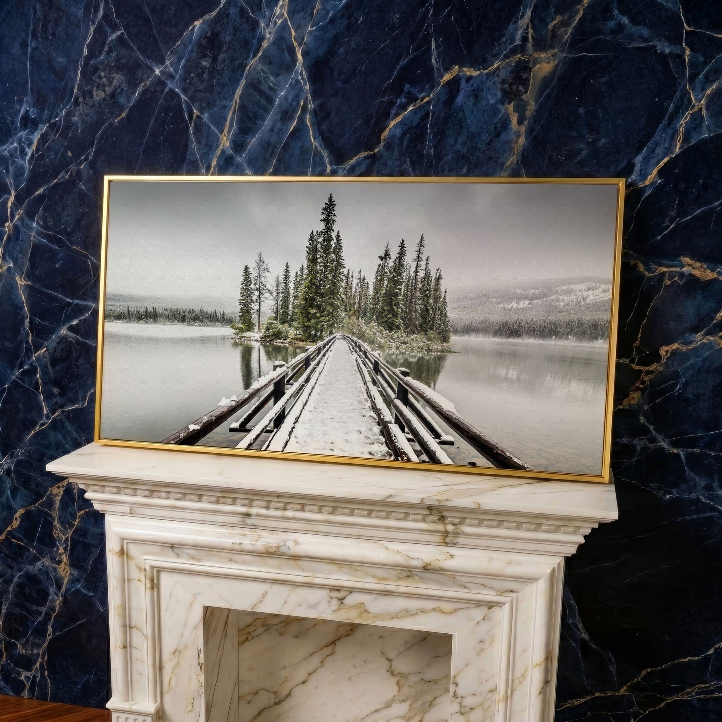 Pyramid Island, Jasper National Park Canvas in yellow gold floating frame