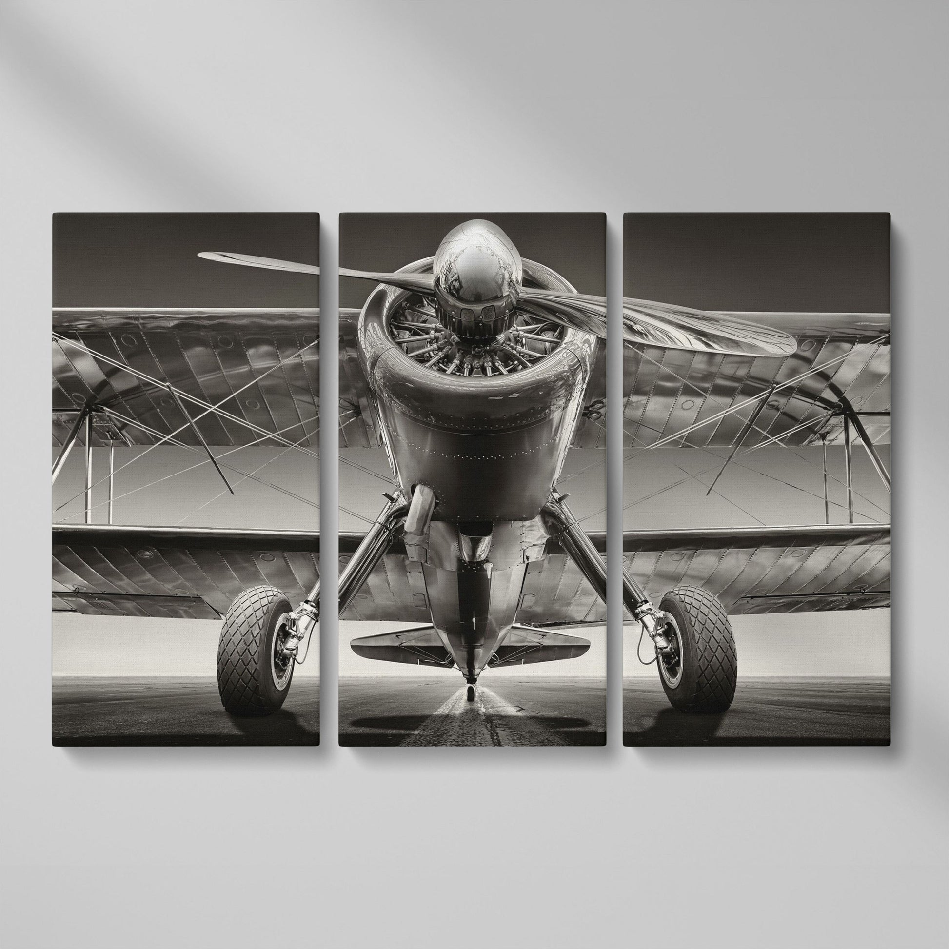 Vintage Airplane on Runway Canvas as 3-panel split version