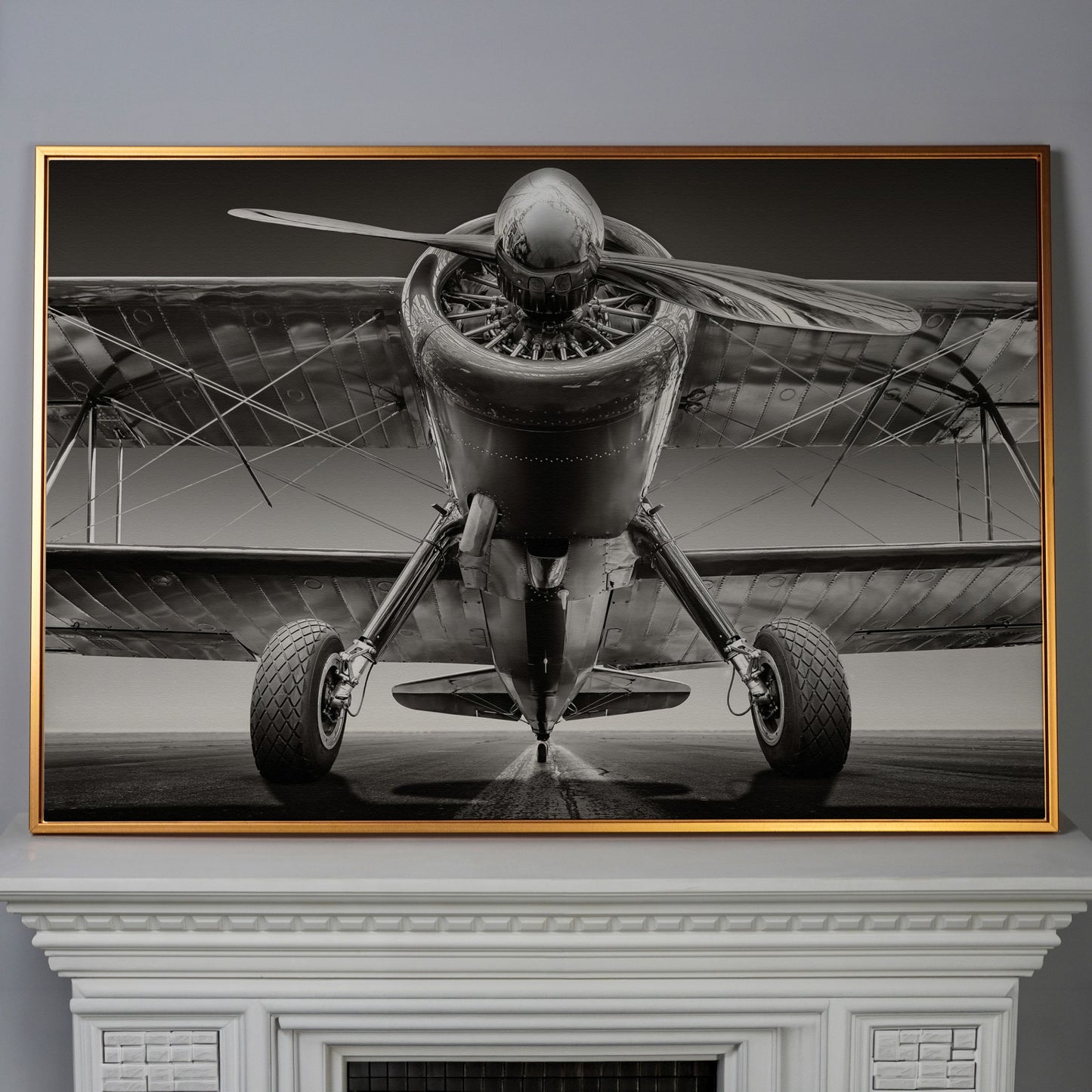 Vintage Airplane on Runway Canvas in antique gold floating frame