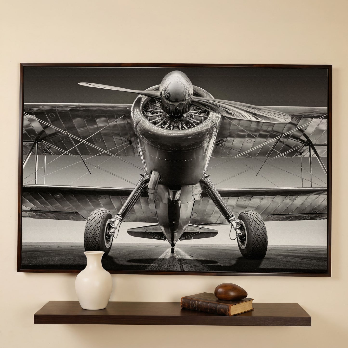 Vintage Airplane on Runway Canvas in dark walnut floating frame