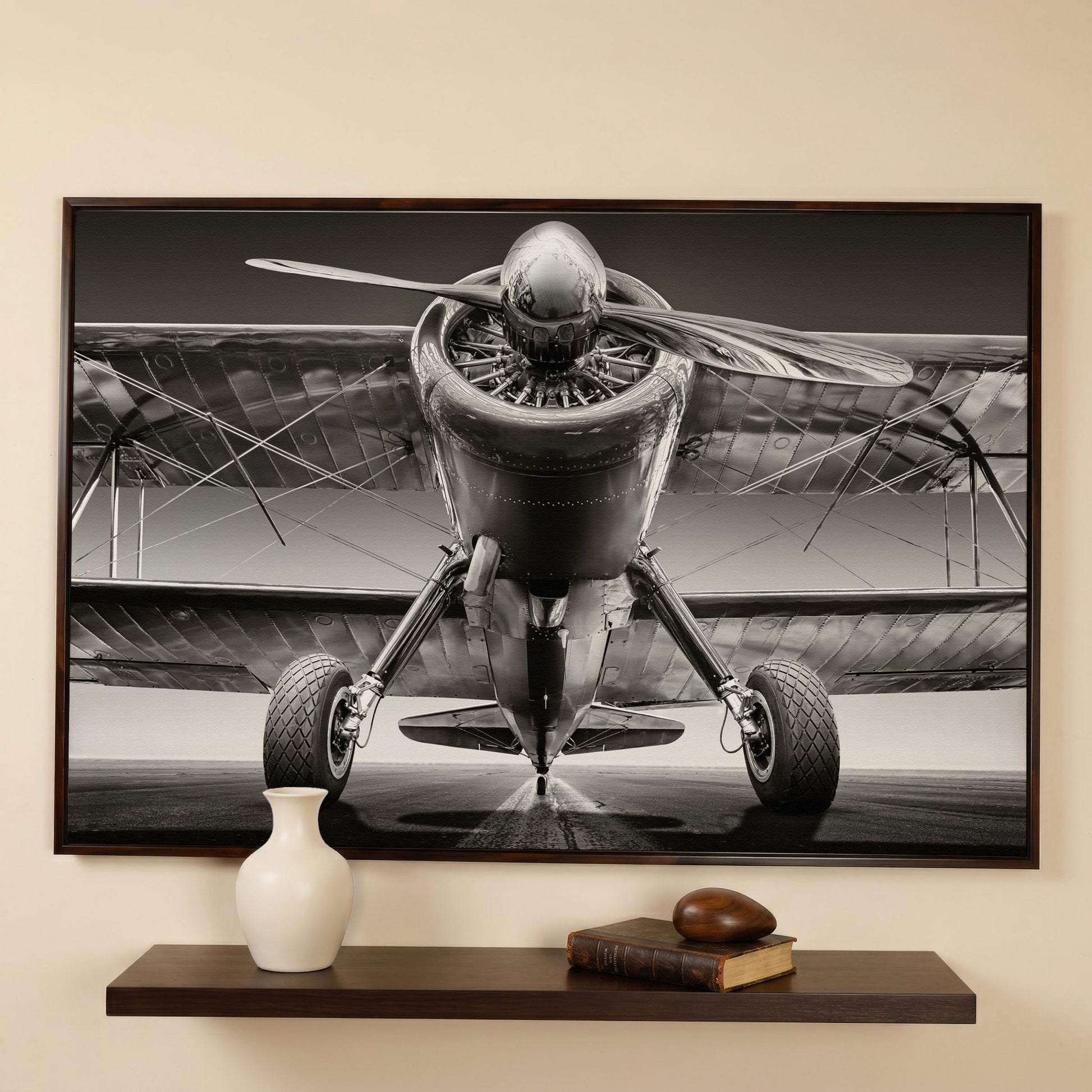 Vintage Airplane on Runway Canvas in dark walnut floating frame