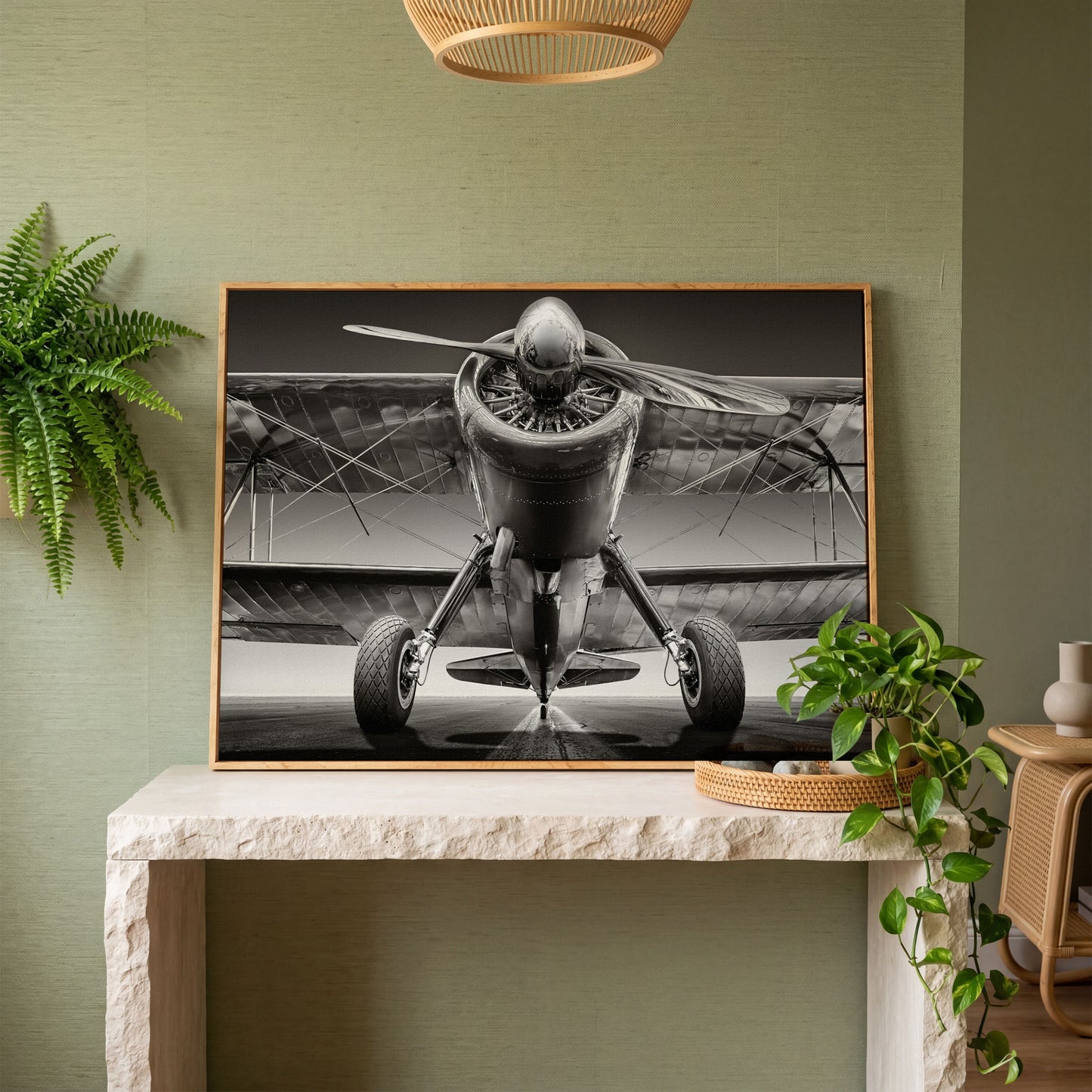 Vintage Airplane on Runway Canvas in white oak floating frame