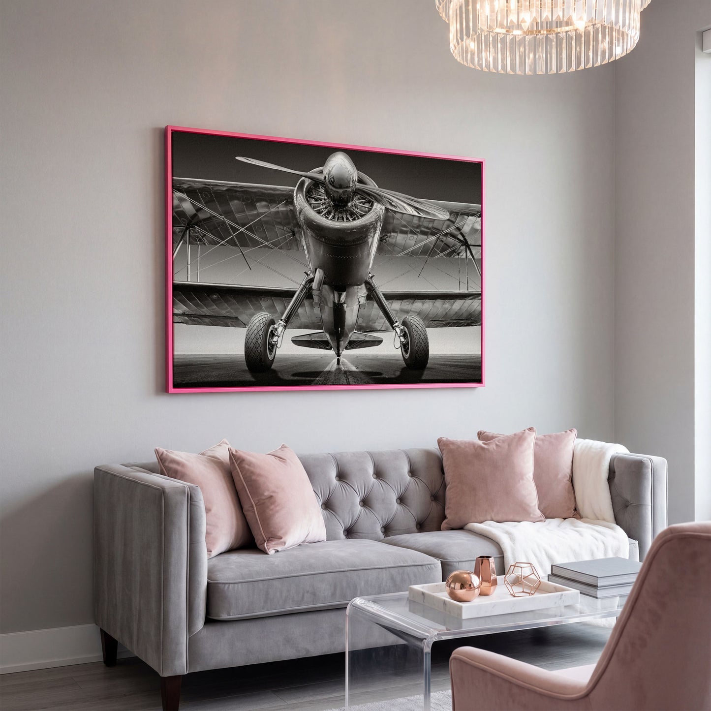 Vintage Airplane on Runway Canvas in pink floating frame