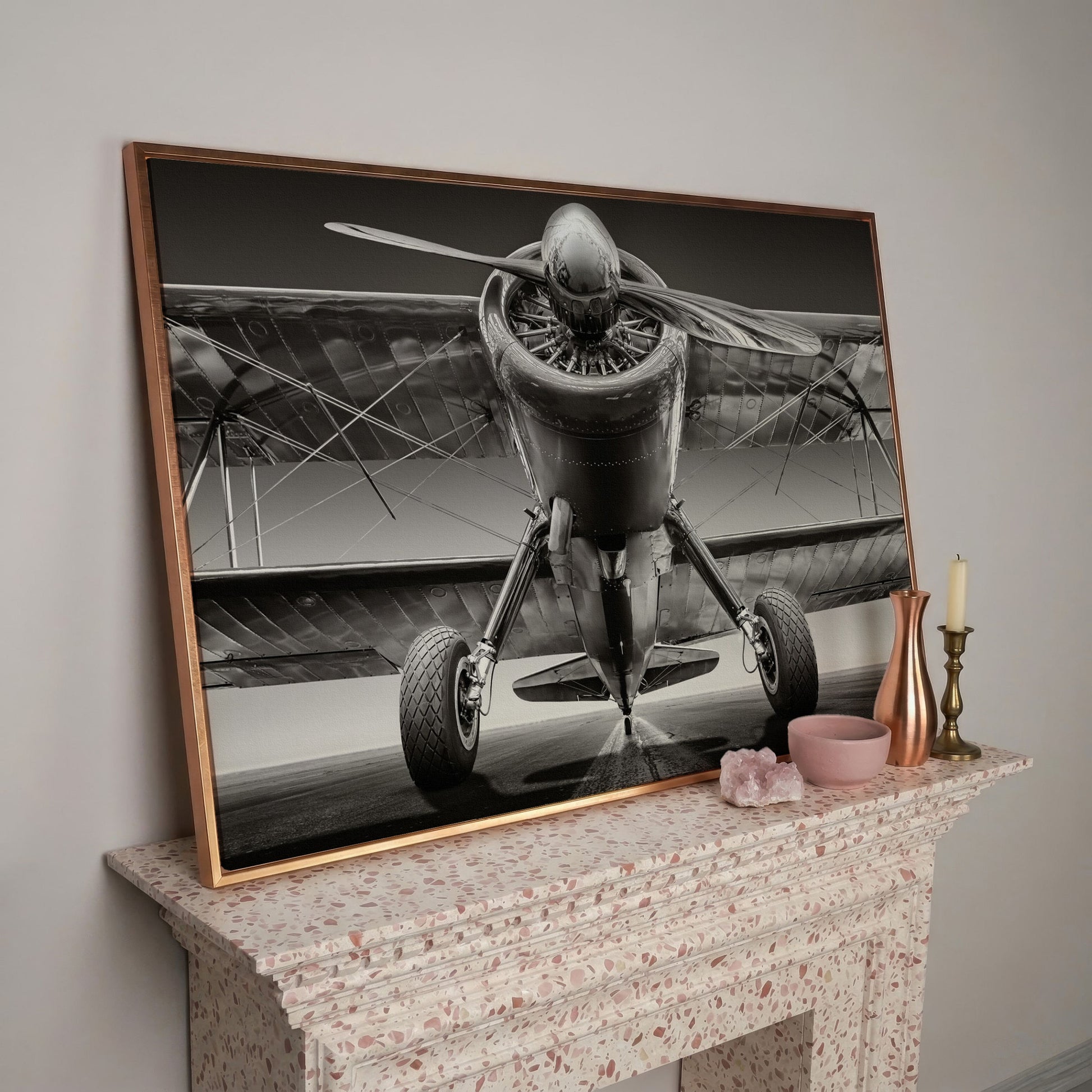 Vintage Airplane on Runway Canvas in rose gold floating frame