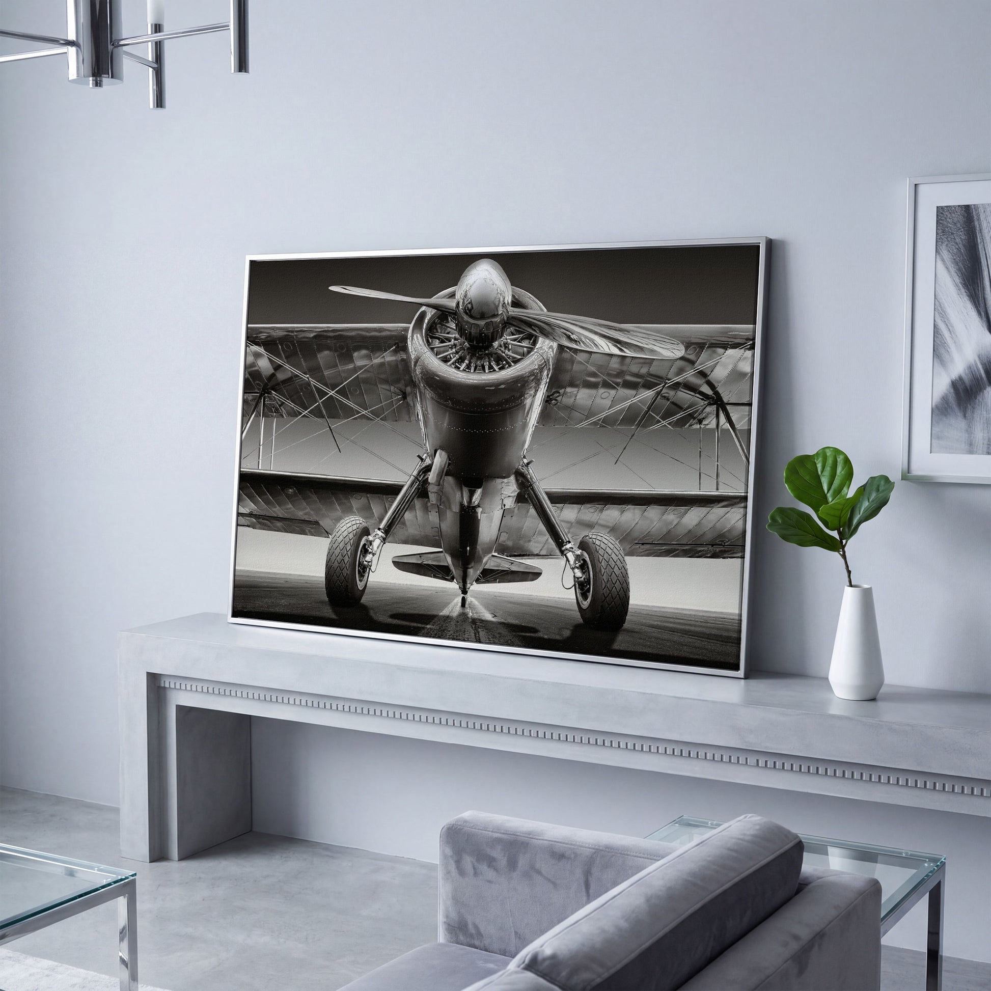 Vintage Airplane on Runway Canvas in silver floating frame