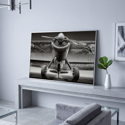 Vintage Airplane on Runway Canvas in silver floating frame