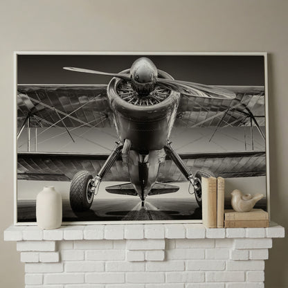 Vintage Airplane on Runway Canvas in white floating frame