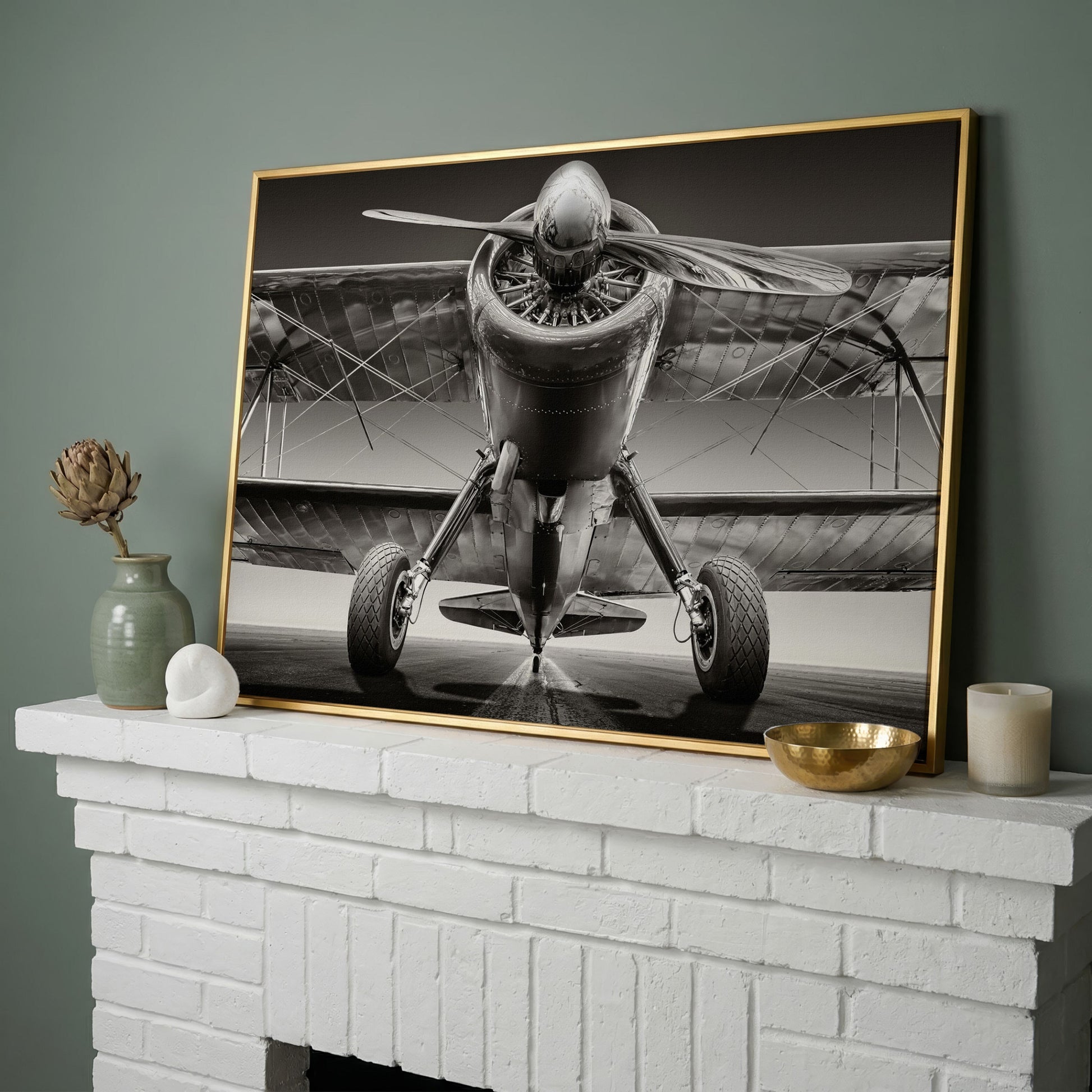 Vintage Airplane on Runway Canvas in yellow gold floating frame