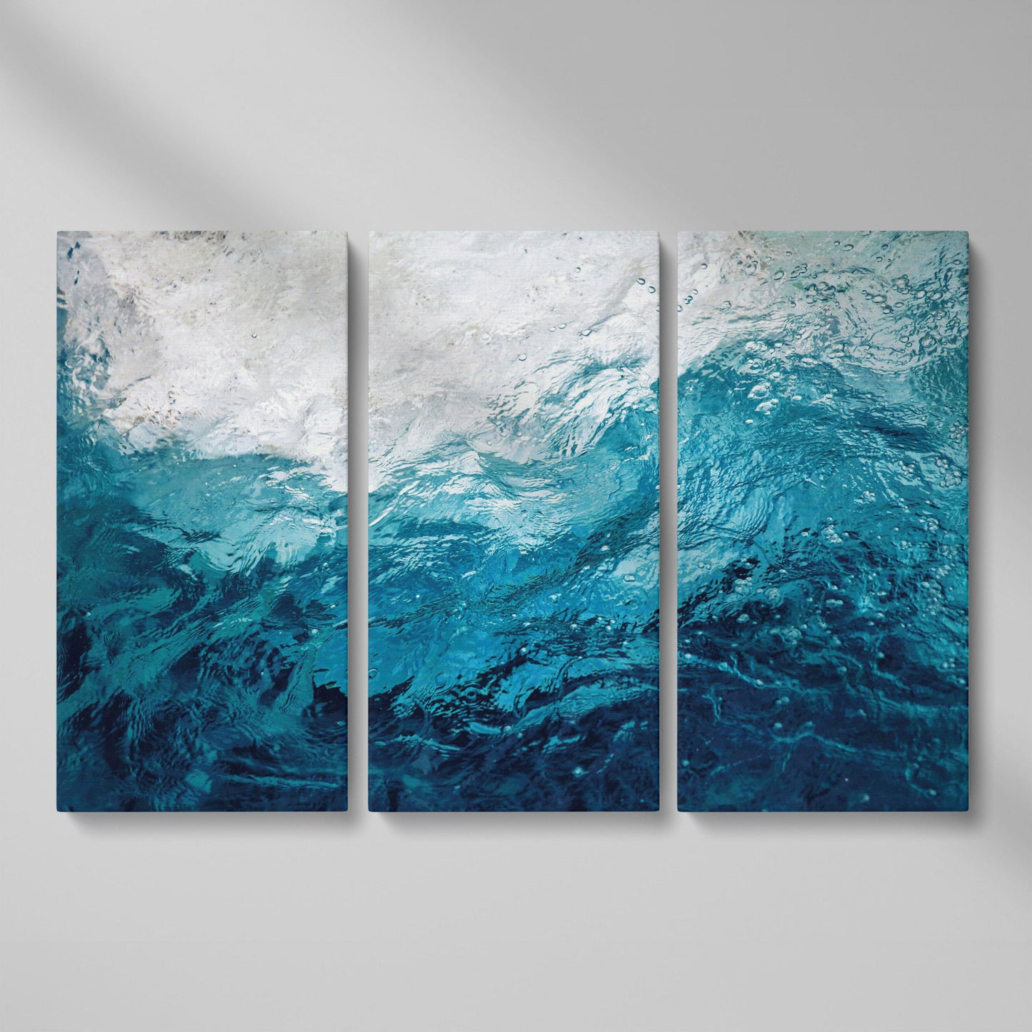 Abstract Ocean Wave Canvas Art, Deep Sea Blues as 3-panel split version