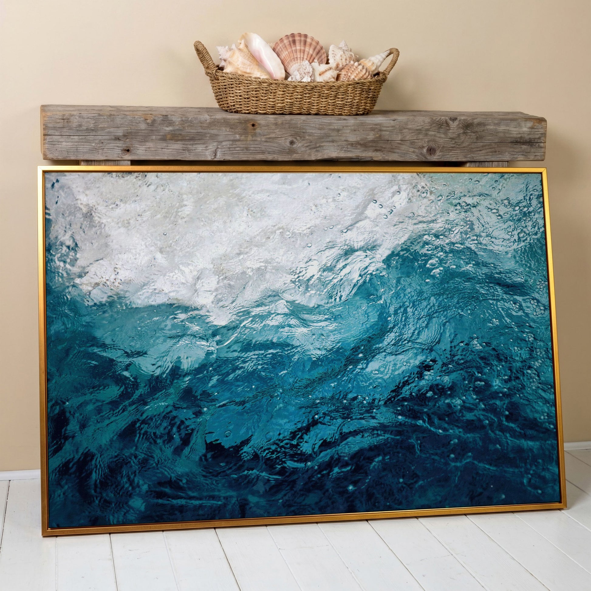 Abstract Ocean Wave Canvas Art, Deep Sea Blues in antique gold floating frame