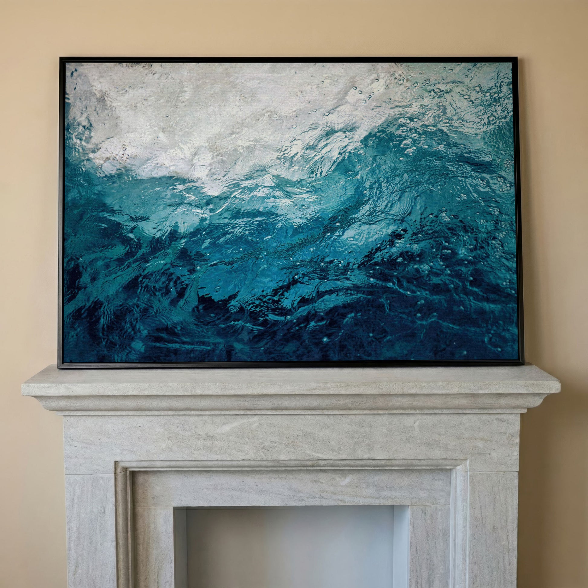 Abstract Ocean Wave Canvas Art, Deep Sea Blues in black floating frame