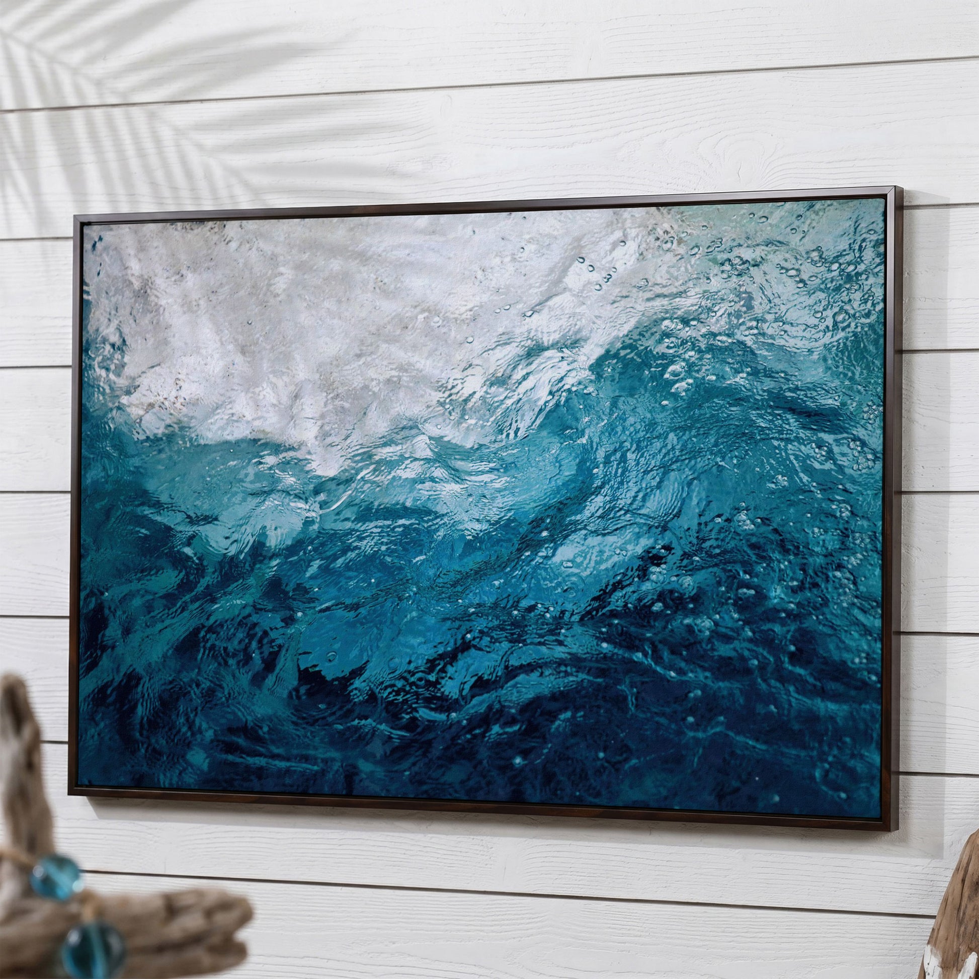 Abstract Ocean Wave Canvas Art, Deep Sea Blues in dark walnut floating frame