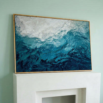 Abstract Ocean Wave Canvas Art, Deep Sea Blues in white oak floating frame