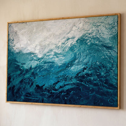Abstract Ocean Wave Canvas Art, Deep Sea Blues shown in white oak floating frame