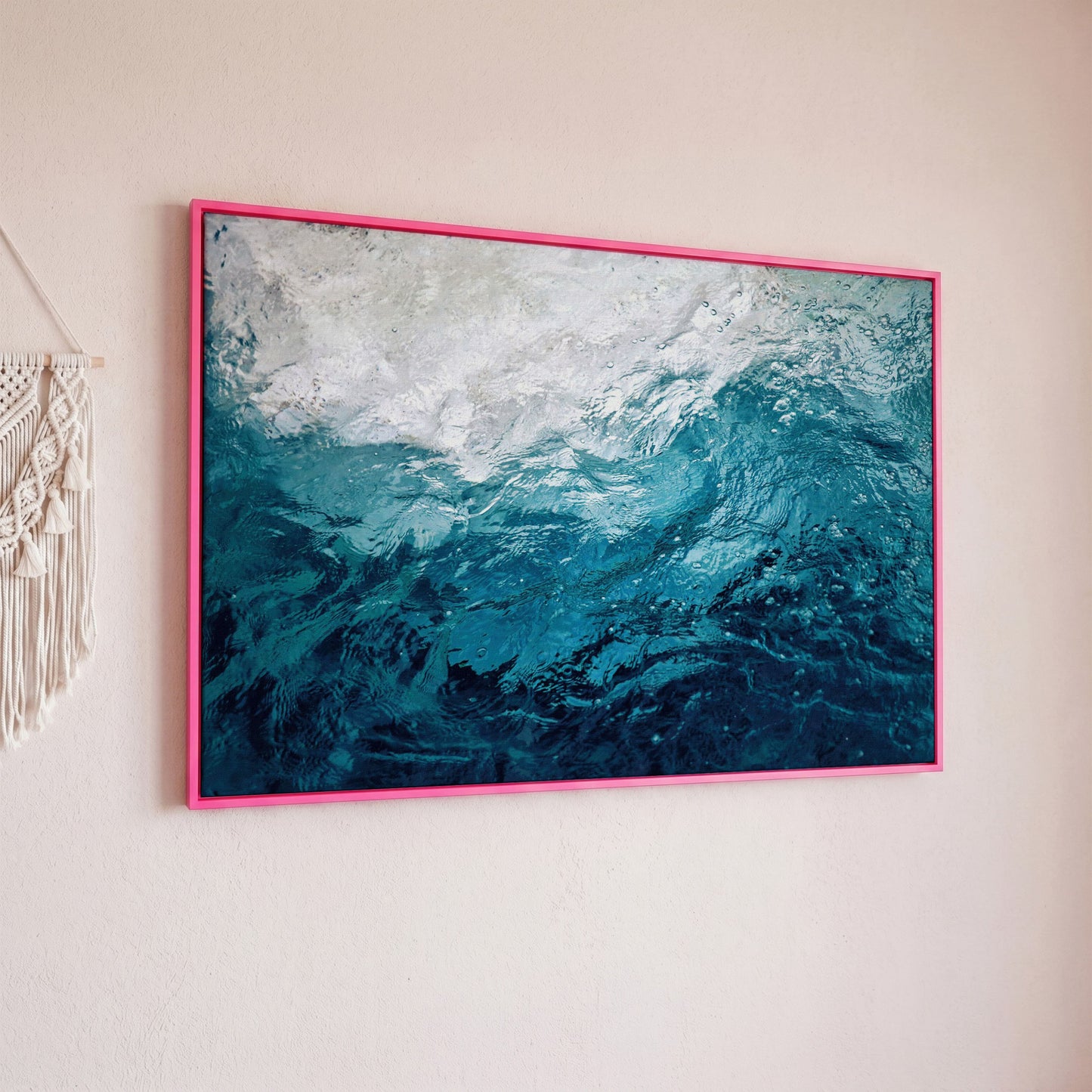 Abstract Ocean Wave Canvas Art, Deep Sea Blues in pink floating frame